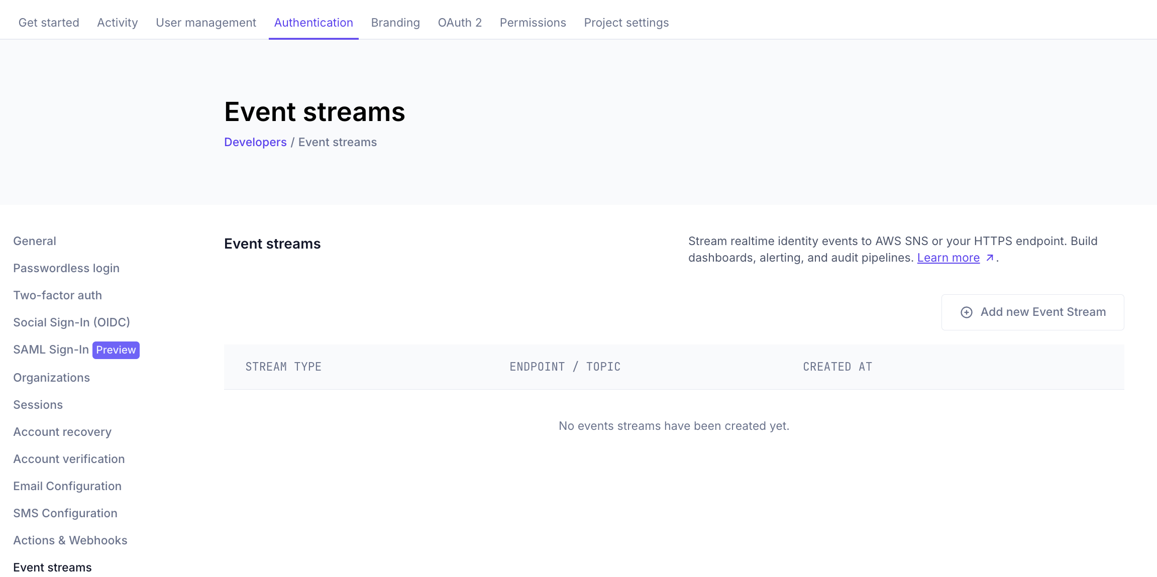 Event streams page with the Add new Event Stream button